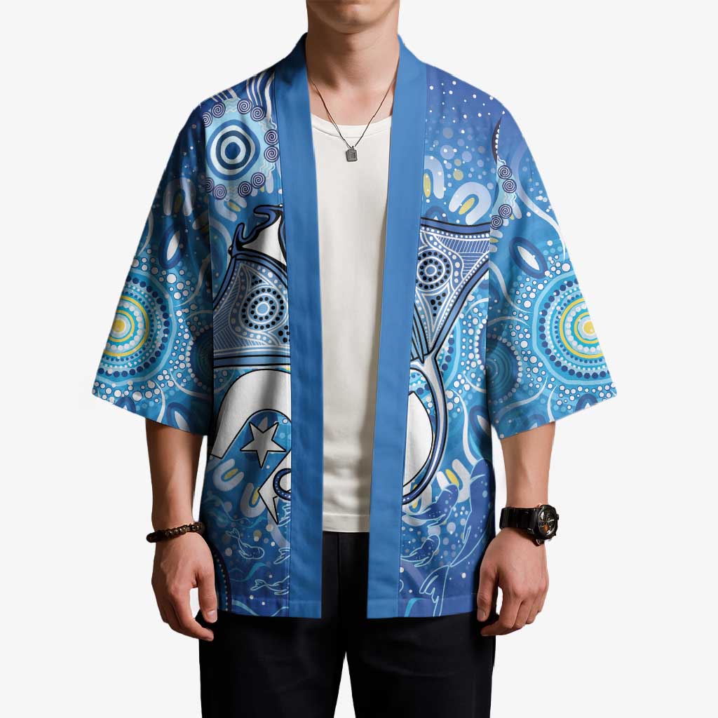 Torres Strait Islander Dhari Stingray Kimono Aboriginal Dot Art Blue Pastel Style