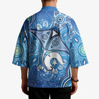Torres Strait Islander Dhari Stingray Kimono Aboriginal Dot Art Blue Pastel Style