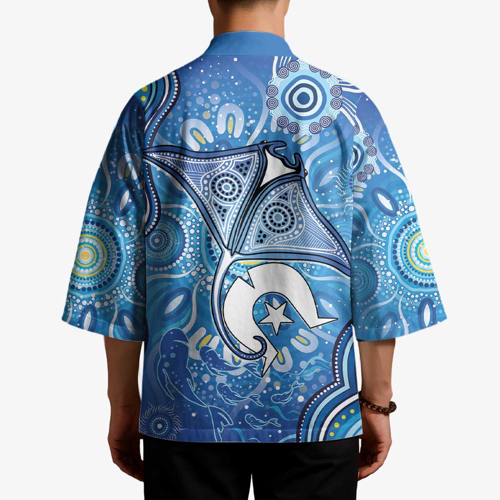 Torres Strait Islander Dhari Stingray Kimono Aboriginal Dot Art Blue Pastel Style