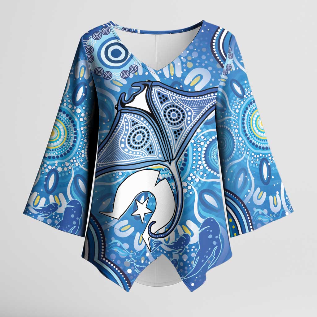 Torres Strait Islander Dhari Stingray Kimono Sleeve Blouse Aboriginal Dot Art Blue Pastel Style