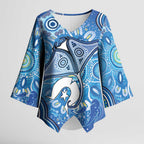 Torres Strait Islander Dhari Stingray Kimono Sleeve Blouse Aboriginal Dot Art Blue Pastel Style