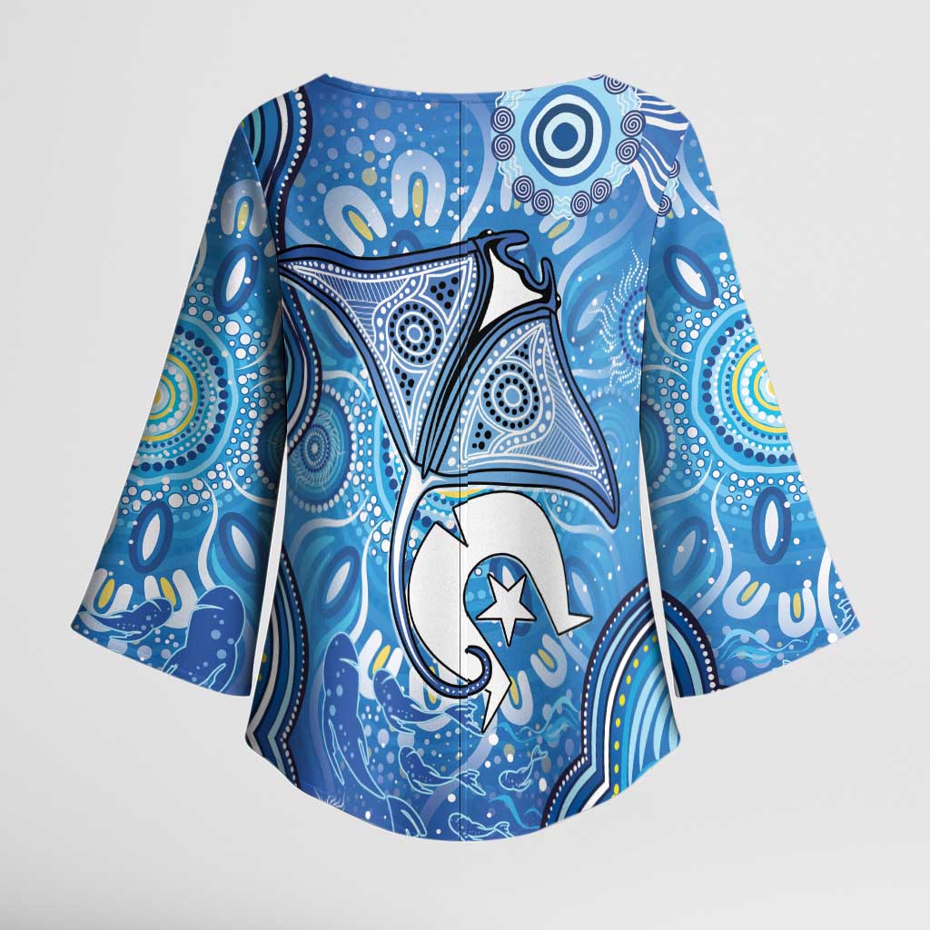 Torres Strait Islander Dhari Stingray Kimono Sleeve Blouse Aboriginal Dot Art Blue Pastel Style