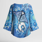 Torres Strait Islander Dhari Stingray Kimono Sleeve Blouse Aboriginal Dot Art Blue Pastel Style
