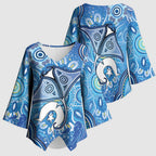 Torres Strait Islander Dhari Stingray Kimono Sleeve Blouse Aboriginal Dot Art Blue Pastel Style