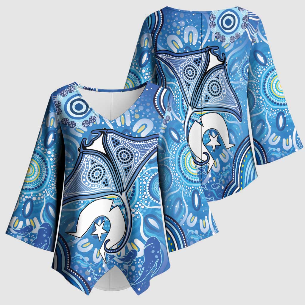 Torres Strait Islander Dhari Stingray Kimono Sleeve Blouse Aboriginal Dot Art Blue Pastel Style