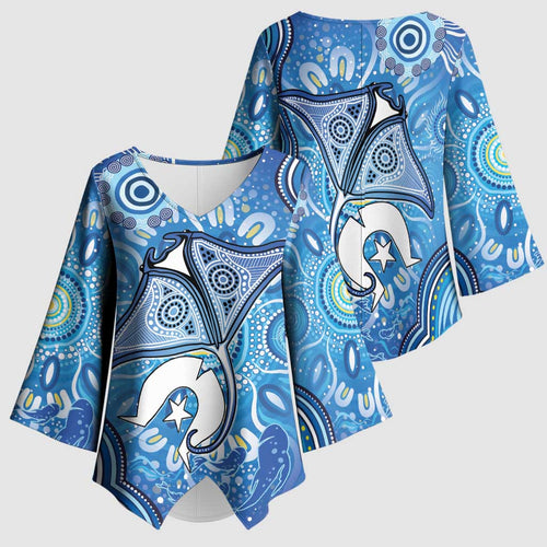 Torres Strait Islander Dhari Stingray Kimono Sleeve Blouse Aboriginal Dot Art Blue Pastel Style