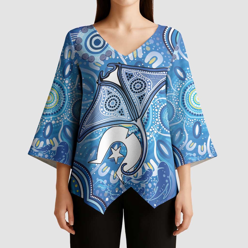 Torres Strait Islander Dhari Stingray Kimono Sleeve Blouse Aboriginal Dot Art Blue Pastel Style