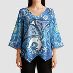 Torres Strait Islander Dhari Stingray Kimono Sleeve Blouse Aboriginal Dot Art Blue Pastel Style