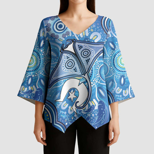 Torres Strait Islander Dhari Stingray Kimono Sleeve Blouse Aboriginal Dot Art Blue Pastel Style