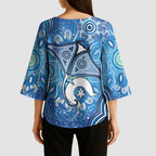 Torres Strait Islander Dhari Stingray Kimono Sleeve Blouse Aboriginal Dot Art Blue Pastel Style