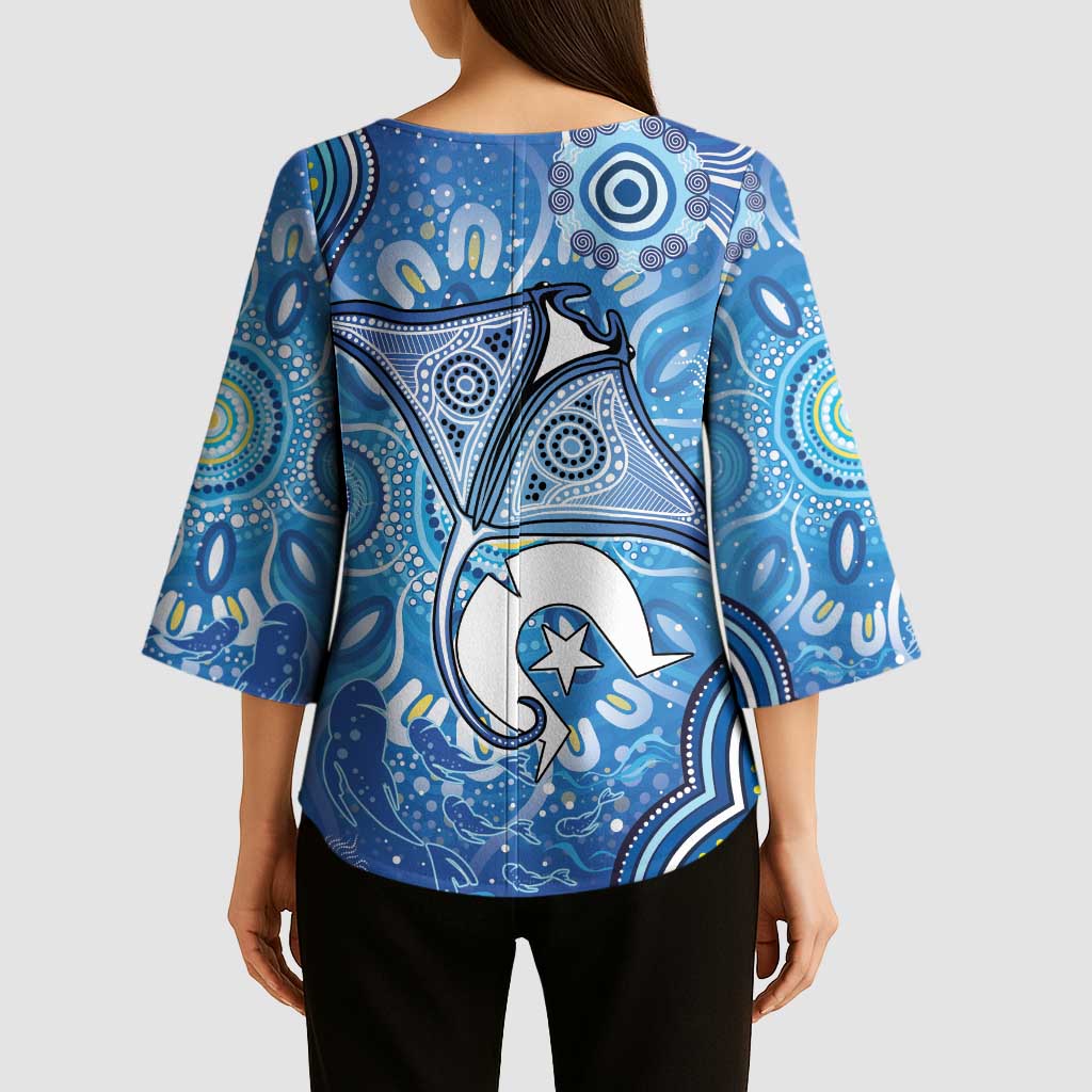 Torres Strait Islander Dhari Stingray Kimono Sleeve Blouse Aboriginal Dot Art Blue Pastel Style