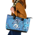 Torres Strait Islander Dhari Stingray Leather Tote Bag Aboriginal Dot Art Blue Pastel Style