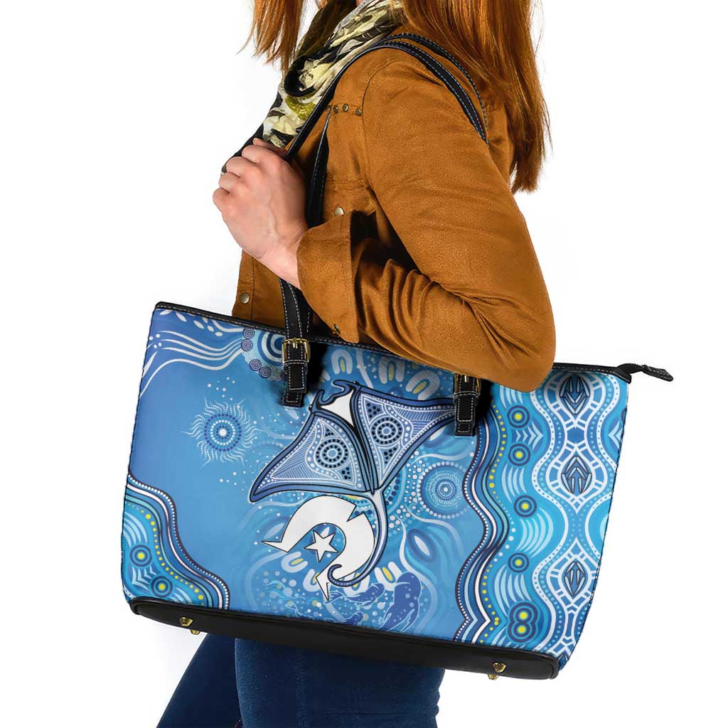 Torres Strait Islander Dhari Stingray Leather Tote Bag Aboriginal Dot Art Blue Pastel Style