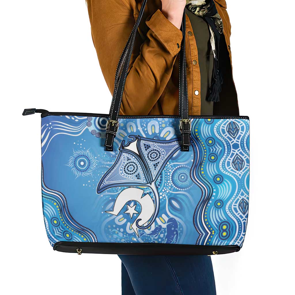 Torres Strait Islander Dhari Stingray Leather Tote Bag Aboriginal Dot Art Blue Pastel Style