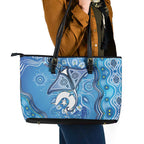 Torres Strait Islander Dhari Stingray Leather Tote Bag Aboriginal Dot Art Blue Pastel Style