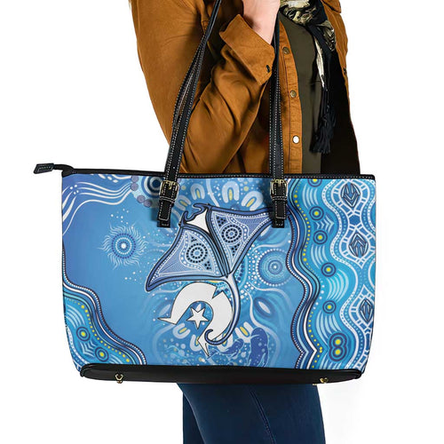 Torres Strait Islander Dhari Stingray Leather Tote Bag Aboriginal Dot Art Blue Pastel Style