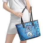 Torres Strait Islander Dhari Stingray Leather Tote Bag Aboriginal Dot Art Blue Pastel Style
