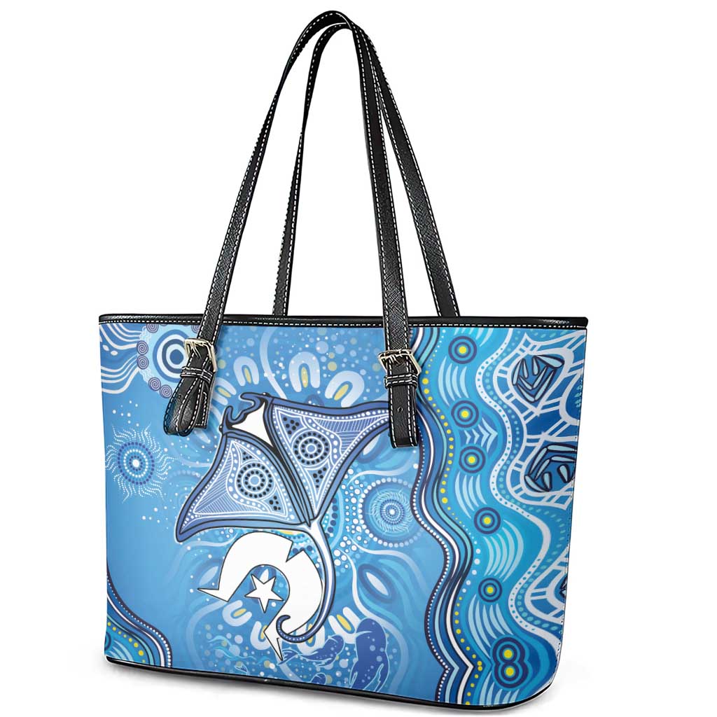 Torres Strait Islander Dhari Stingray Leather Tote Bag Aboriginal Dot Art Blue Pastel Style