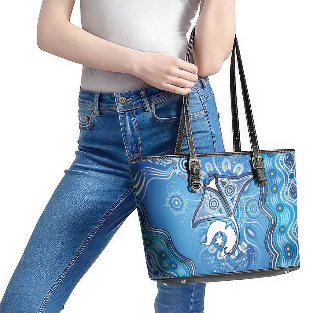 Torres Strait Islander Dhari Stingray Leather Tote Bag Aboriginal Dot Art Blue Pastel Style