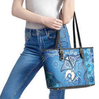 Torres Strait Islander Dhari Stingray Leather Tote Bag Aboriginal Dot Art Blue Pastel Style