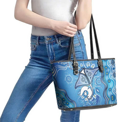 Torres Strait Islander Dhari Stingray Leather Tote Bag Aboriginal Dot Art Blue Pastel Style