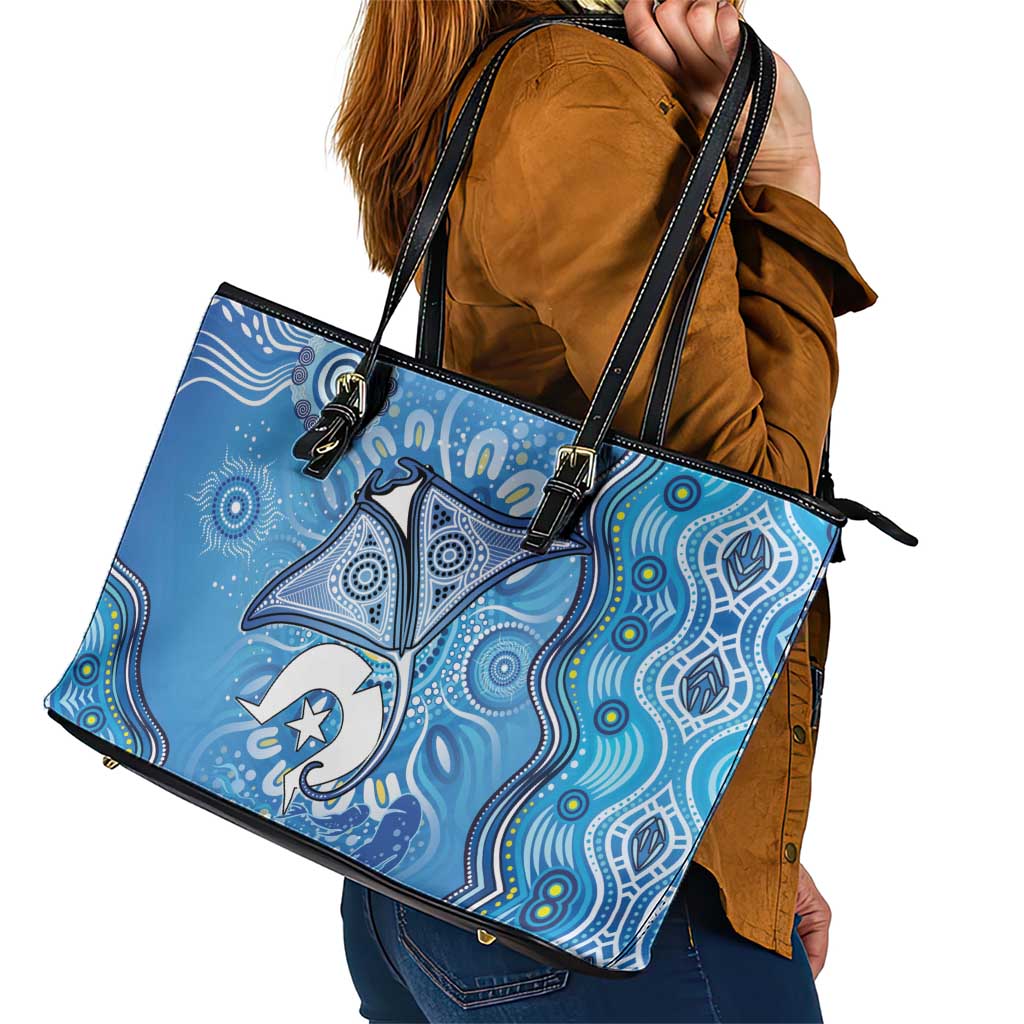 Torres Strait Islander Dhari Stingray Leather Tote Bag Aboriginal Dot Art Blue Pastel Style