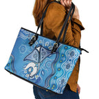 Torres Strait Islander Dhari Stingray Leather Tote Bag Aboriginal Dot Art Blue Pastel Style
