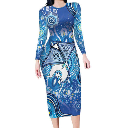 Torres Strait Islander Dhari Stingray Long Sleeve Bodycon Dress Aboriginal Dot Art Blue Pastel Style