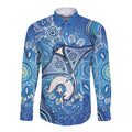 Torres Strait Islander Dhari Stingray Long Sleeve Button Shirt Aboriginal Dot Art Blue Pastel Style