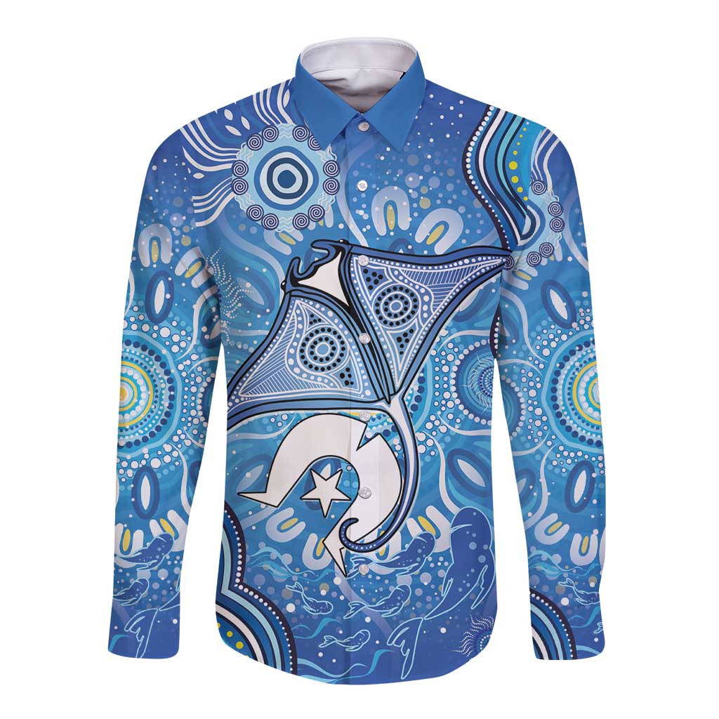 Torres Strait Islander Dhari Stingray Long Sleeve Button Shirt Aboriginal Dot Art Blue Pastel Style