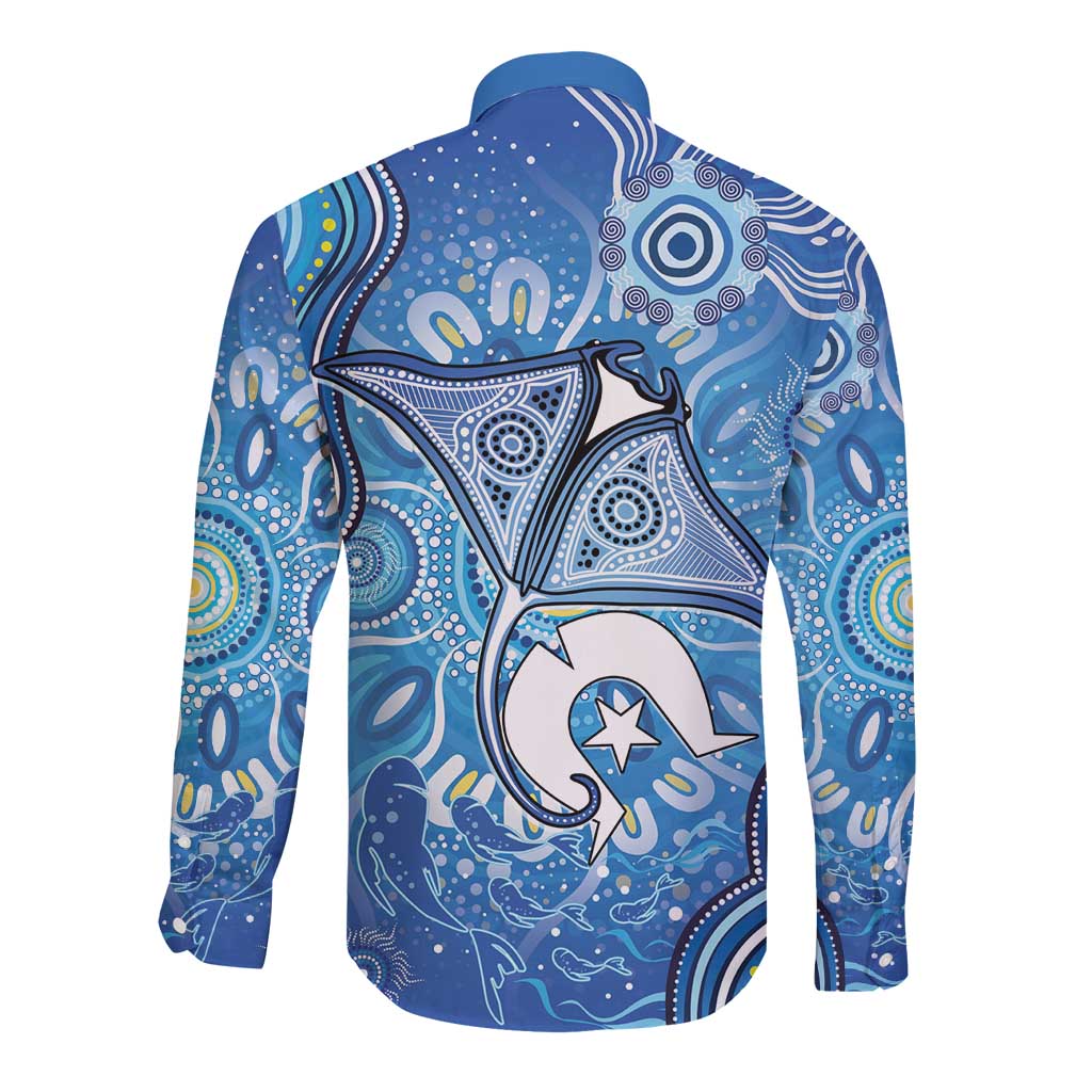 Torres Strait Islander Dhari Stingray Long Sleeve Button Shirt Aboriginal Dot Art Blue Pastel Style