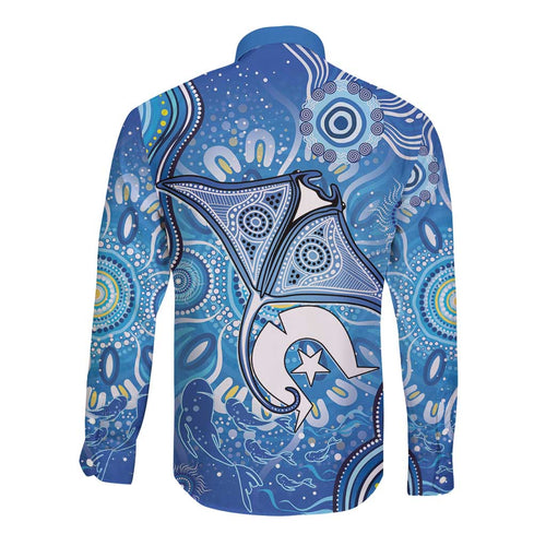 Torres Strait Islander Dhari Stingray Long Sleeve Button Shirt Aboriginal Dot Art Blue Pastel Style
