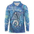 Torres Strait Islander Dhari Stingray Long Sleeve Polo Shirt Aboriginal Dot Art Blue Pastel Style