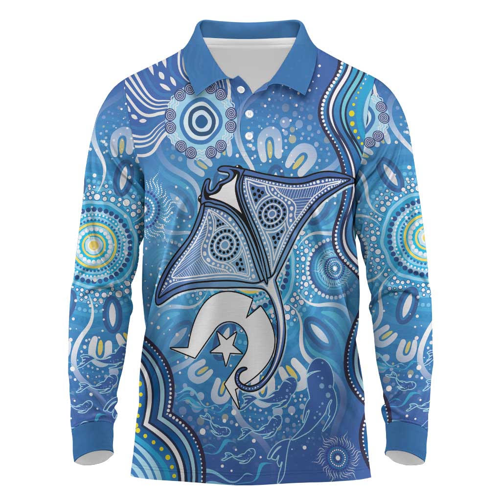 Torres Strait Islander Dhari Stingray Long Sleeve Polo Shirt Aboriginal Dot Art Blue Pastel Style