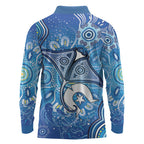 Torres Strait Islander Dhari Stingray Long Sleeve Polo Shirt Aboriginal Dot Art Blue Pastel Style