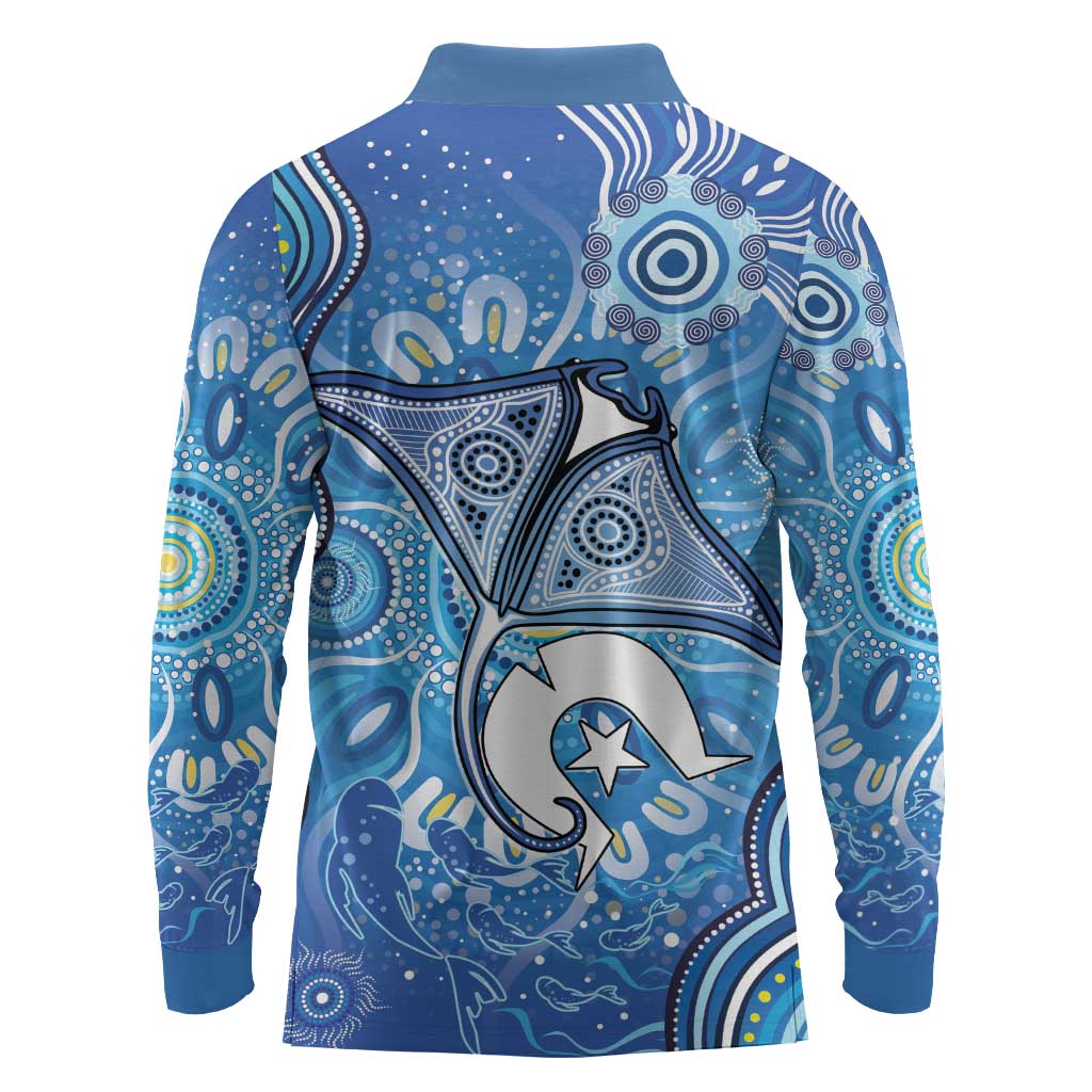 Torres Strait Islander Dhari Stingray Long Sleeve Polo Shirt Aboriginal Dot Art Blue Pastel Style