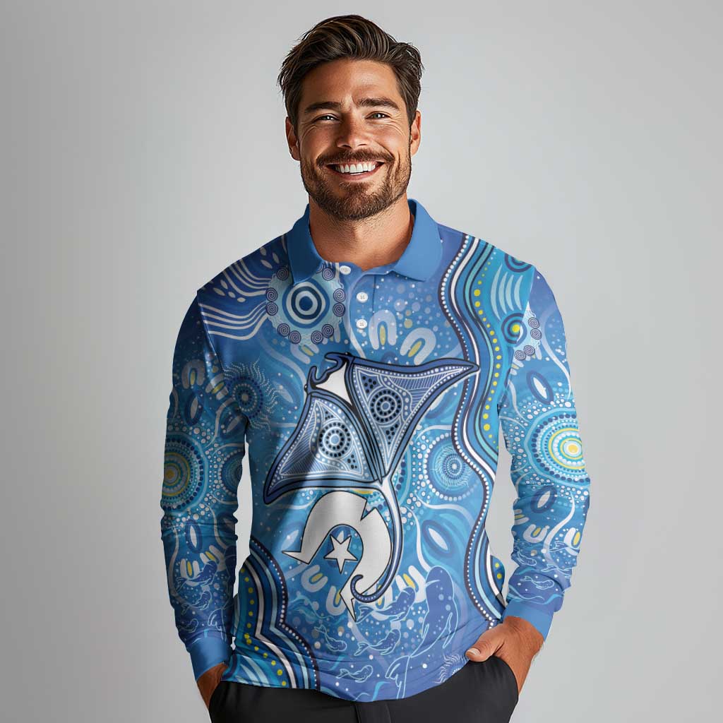 Torres Strait Islander Dhari Stingray Long Sleeve Polo Shirt Aboriginal Dot Art Blue Pastel Style