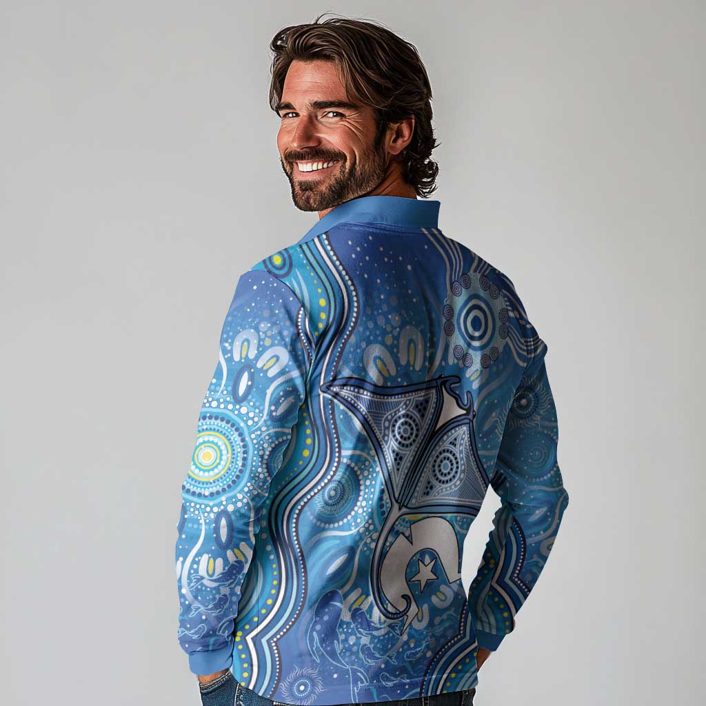 Torres Strait Islander Dhari Stingray Long Sleeve Polo Shirt Aboriginal Dot Art Blue Pastel Style