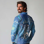 Torres Strait Islander Dhari Stingray Long Sleeve Polo Shirt Aboriginal Dot Art Blue Pastel Style