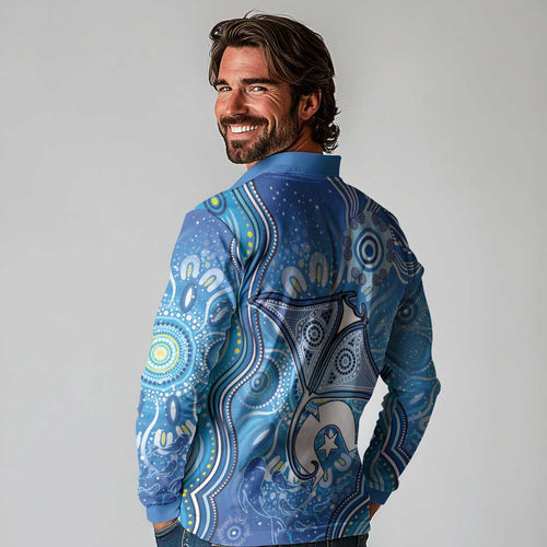 Torres Strait Islander Dhari Stingray Long Sleeve Polo Shirt Aboriginal Dot Art Blue Pastel Style