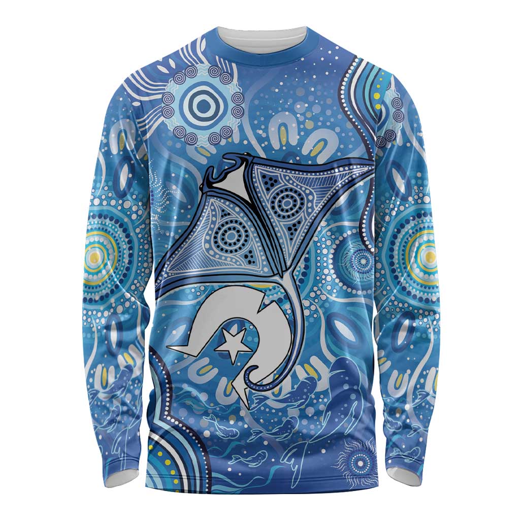 Torres Strait Islander Dhari Stingray Long Sleeve Shirt Aboriginal Dot Art Blue Pastel Style