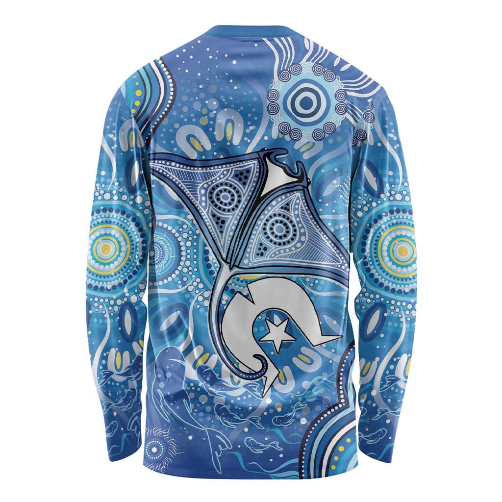 Torres Strait Islander Dhari Stingray Long Sleeve Shirt Aboriginal Dot Art Blue Pastel Style