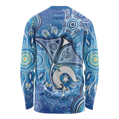 Torres Strait Islander Dhari Stingray Long Sleeve Shirt Aboriginal Dot Art Blue Pastel Style
