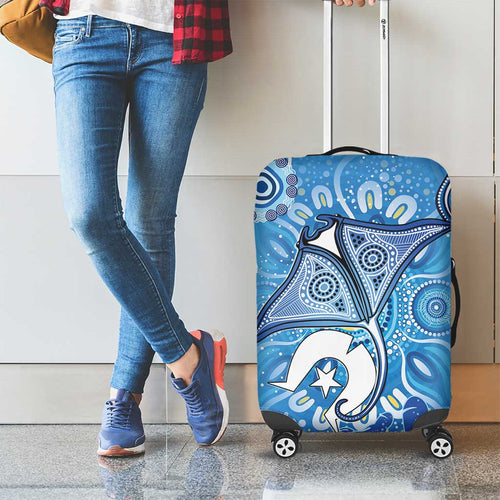 Torres Strait Islander Dhari Stingray Luggage Cover Aboriginal Dot Art Blue Pastel Style