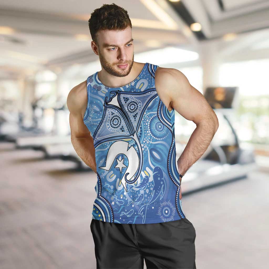 Torres Strait Islander Dhari Stingray Men Tank Top Aboriginal Dot Art Blue Pastel Style