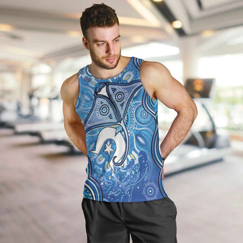 Torres Strait Islander Dhari Stingray Men Tank Top Aboriginal Dot Art Blue Pastel Style