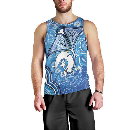Torres Strait Islander Dhari Stingray Men Tank Top Aboriginal Dot Art Blue Pastel Style