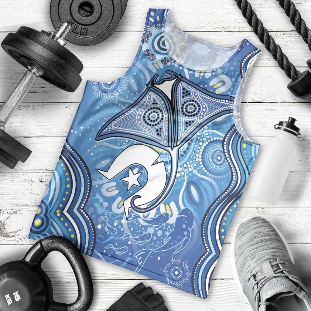 Torres Strait Islander Dhari Stingray Men Tank Top Aboriginal Dot Art Blue Pastel Style