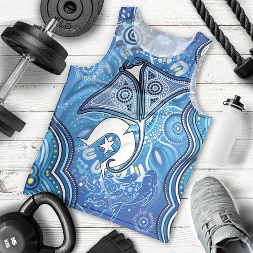 Torres Strait Islander Dhari Stingray Men Tank Top Aboriginal Dot Art Blue Pastel Style