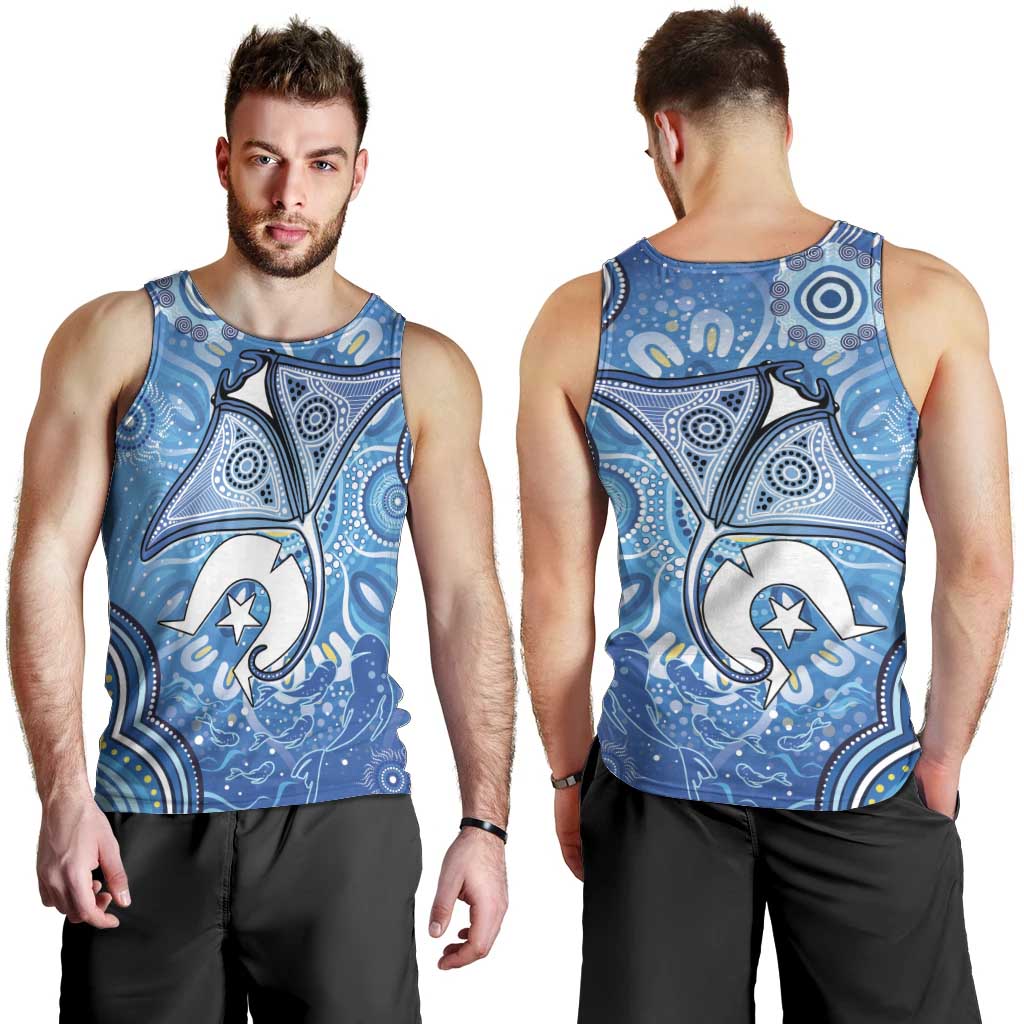 Torres Strait Islander Dhari Stingray Men Tank Top Aboriginal Dot Art Blue Pastel Style